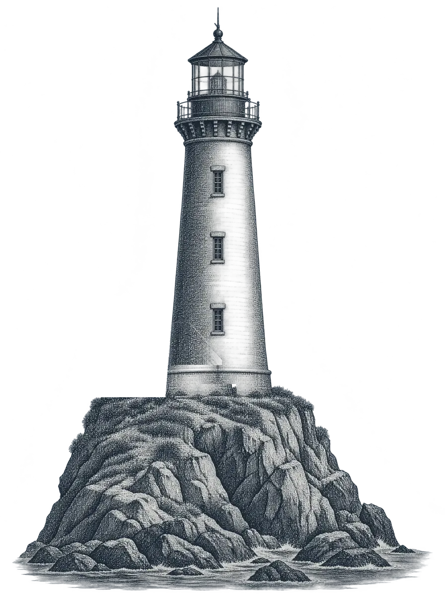Engraved lighthouse on a rocky headland