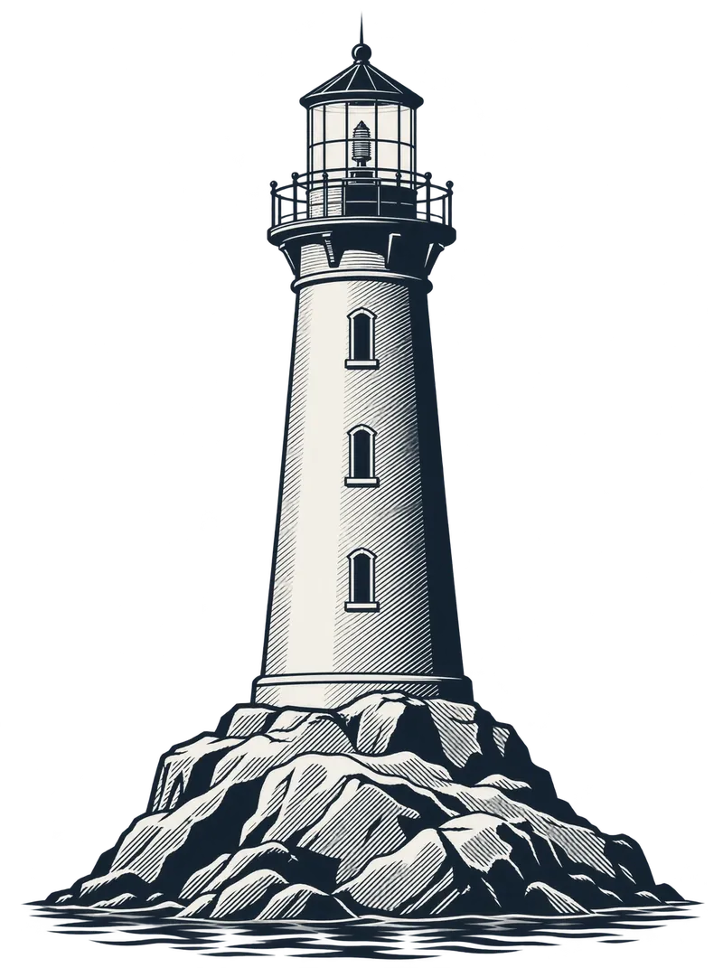 Line-drawn lighthouse on a rocky islet